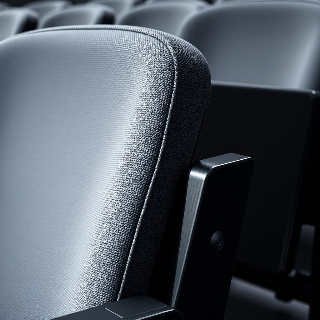 Détail du mobilier salle de spectacle : siège de théâtre ergonomique en tissu texturé avec mécanisme pliable et structure métallique robuste, éclairage latéral mettant en valeur les matériaux durables