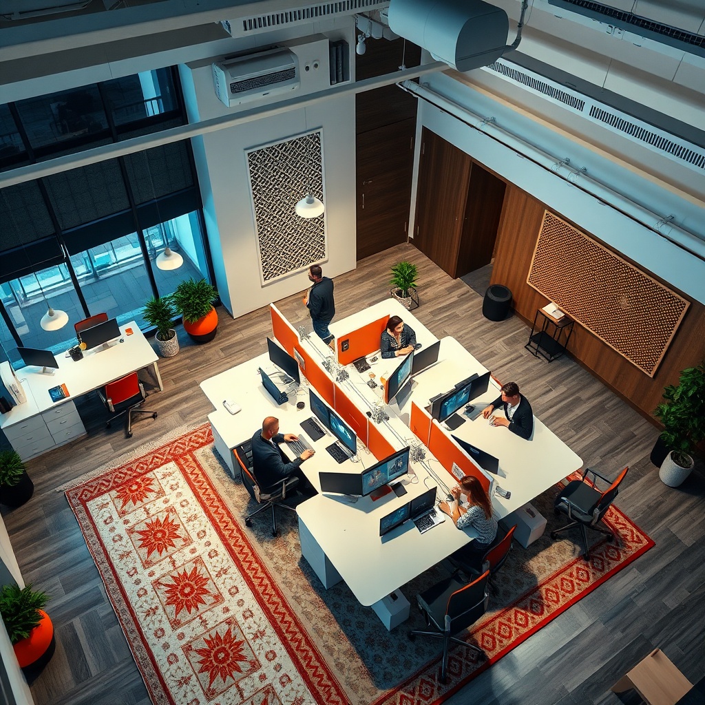 Collaborative workspace in a Moroccan company featuring ergonomic and modular mobilier professionnel maroc, designed to enhance productivity and employee well-being