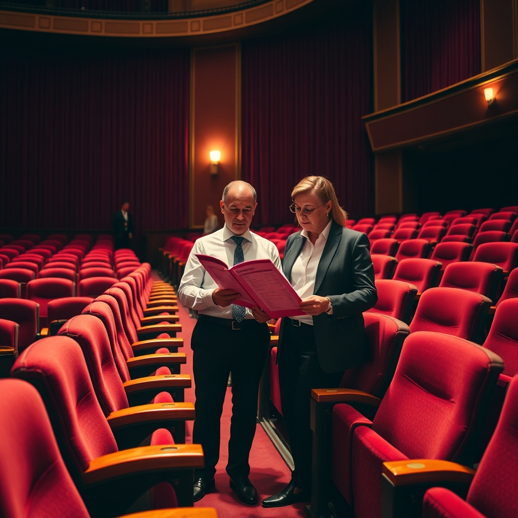 Devis et négociation du prix chaises spectacle dans une salle de théâtre avec sièges fixes rouges et noirs.