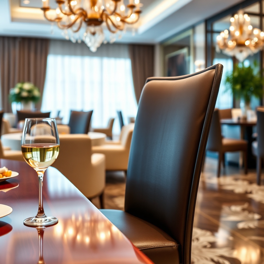 Durable steel banquet chair for intensive use in reception areas, placed on a wooden table with a glass of wine and appetizers
