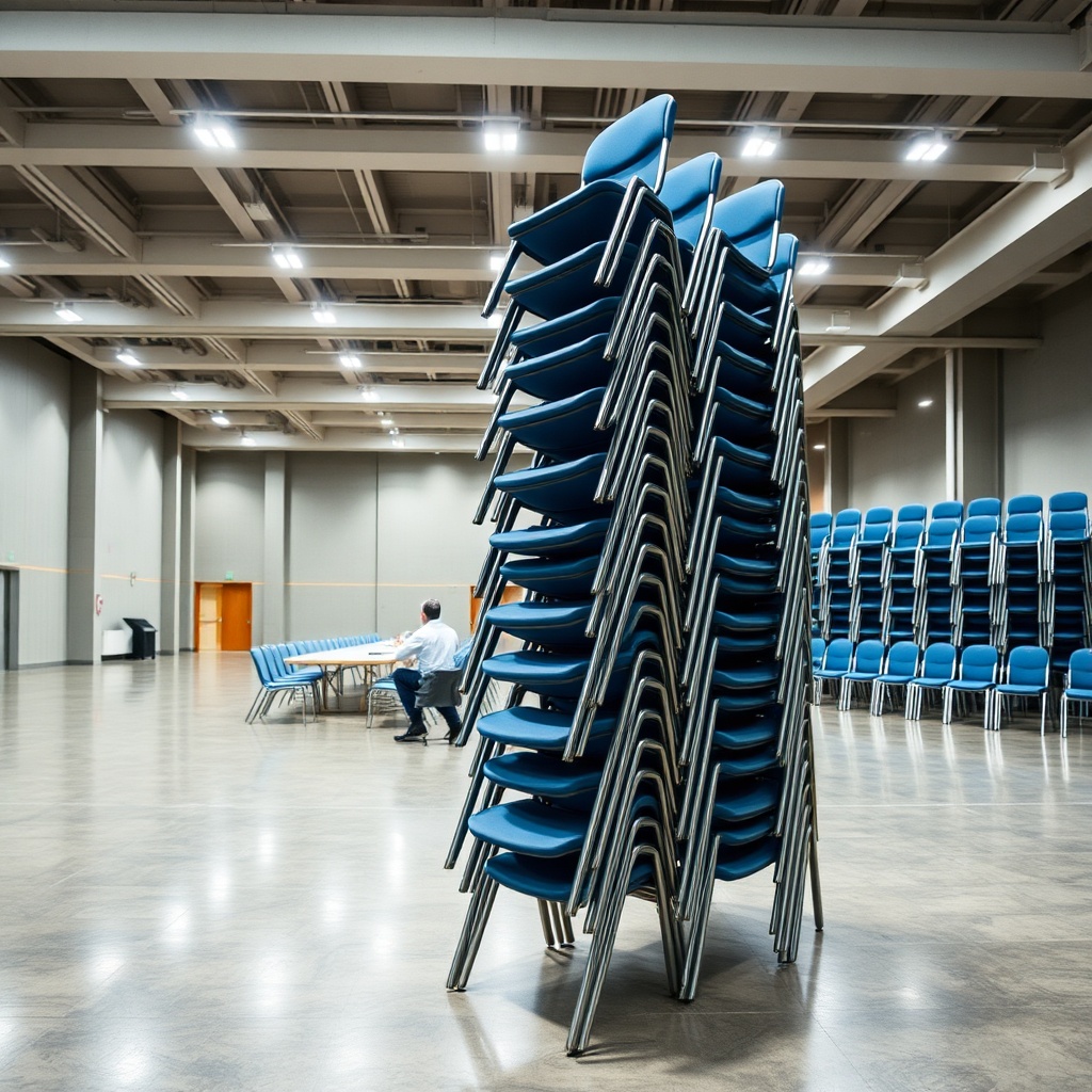 Haute pile de chaises empilables identiques dans une salle de réception, montrant l'emboîtement vertical et la robustesse, un critère clé dans le choix entre chaises pliables et chaises empilables pour collectivités.