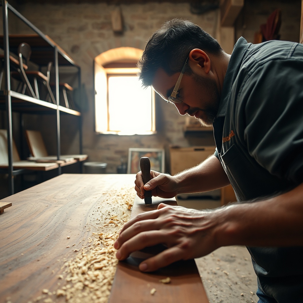 Artisan crafting durable office furniture in Marrakech, using local cedar wood and metal, showcasing the handmade quality of office furniture in Marrakech.