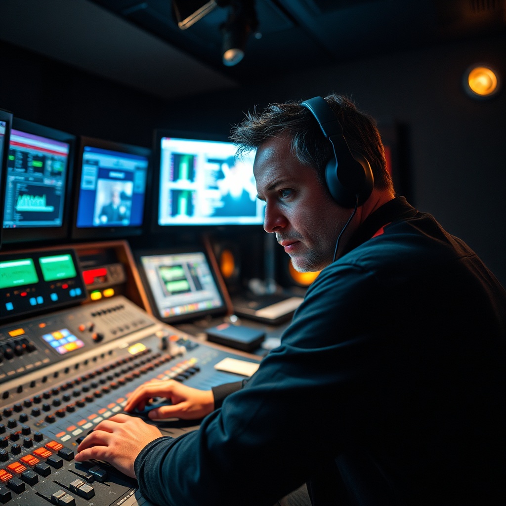 Professional sound engineer in a control room with advanced audio equipment for a high-quality spectacle experience