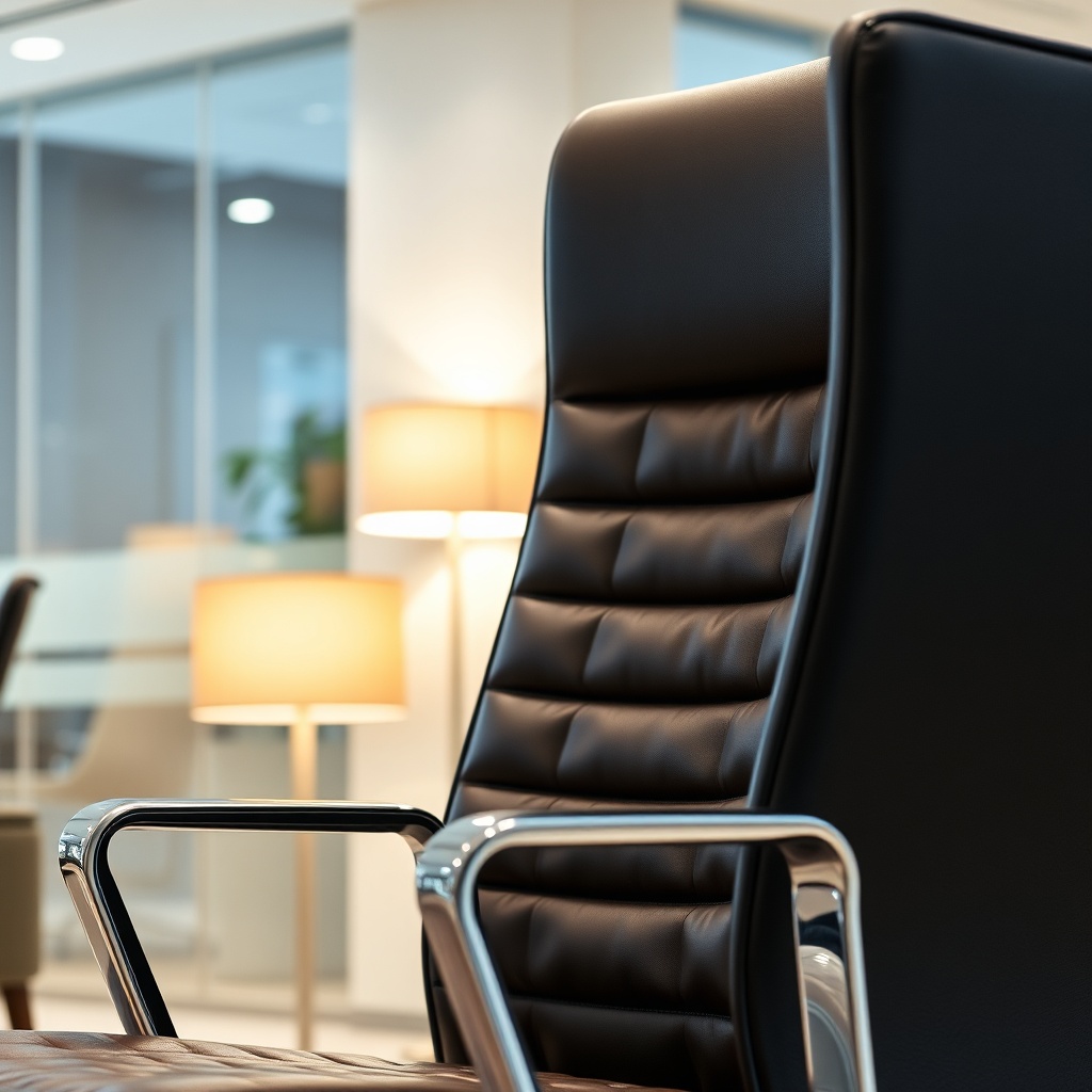 Close-up of a premium chaise conférence salle professionnelle with quilted leather and chrome armrests in a modern office lounge with soft lighting