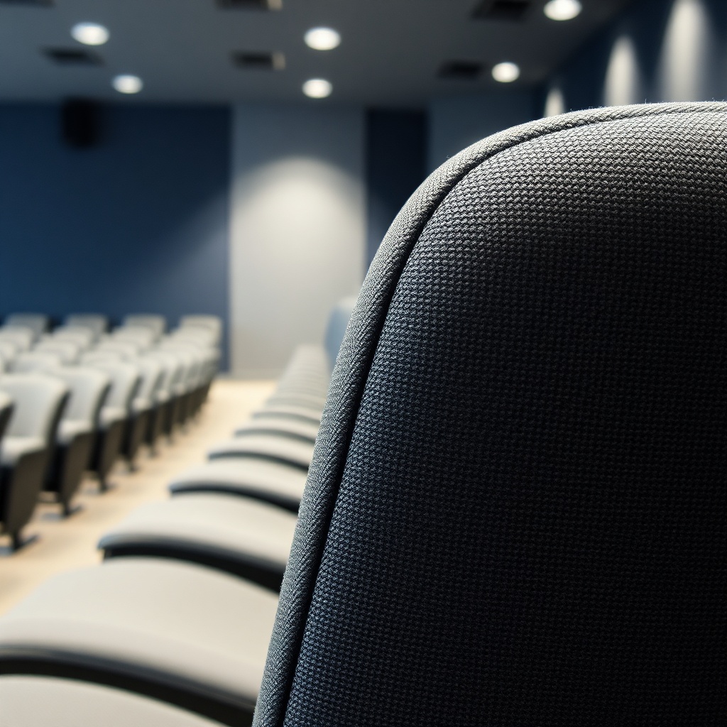 Gros plan sur les matériaux durables et ignifugés utilisés pour la conception des meilleures chaises professionnelles pour salles de spectacle.