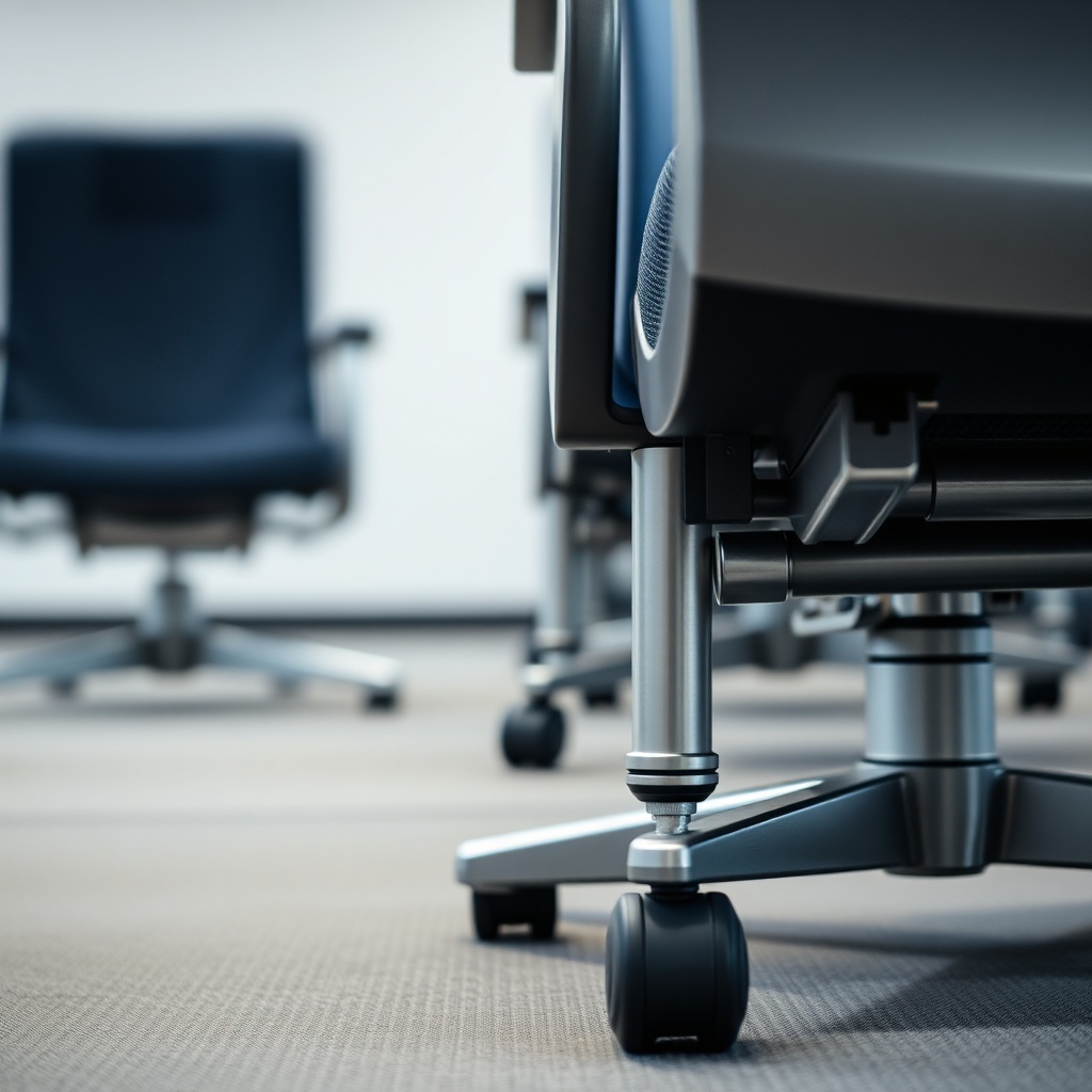 Detailed close-up of the mobile base of a conference chair and the floor-mounted mechanism of an auditorium seat, demonstrating the technical distinction of chaise conférence vs chaise auditorium.